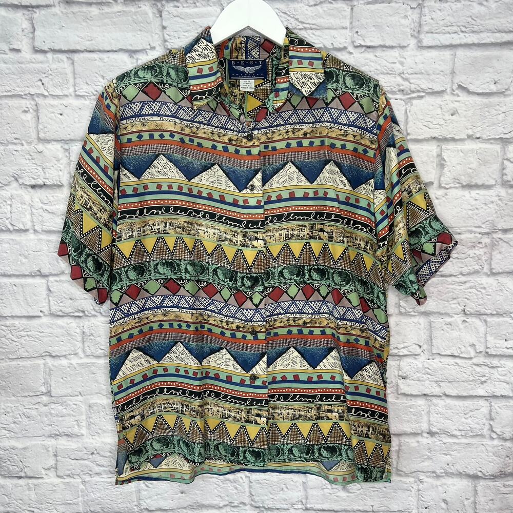 Vintage 90s Womens Silk Shirt Button Front Abstract Stripe Size S Retro